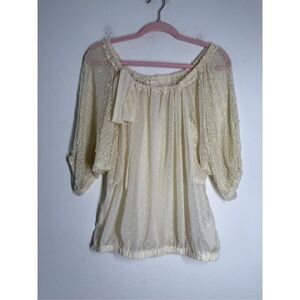A’Reve Cream Chiffon Fishnet Puff Sleeve Sheer Swiss Dot Blouse Top Size M
